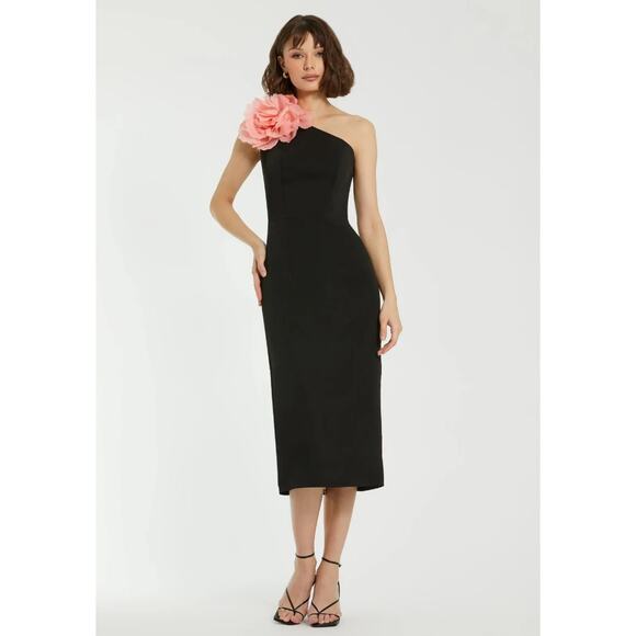 Mac Duggal One-Shoulder Crepe Midi Dress With 3D Flower in Black Pink 8 NWT $338 - Picture 1 of 13